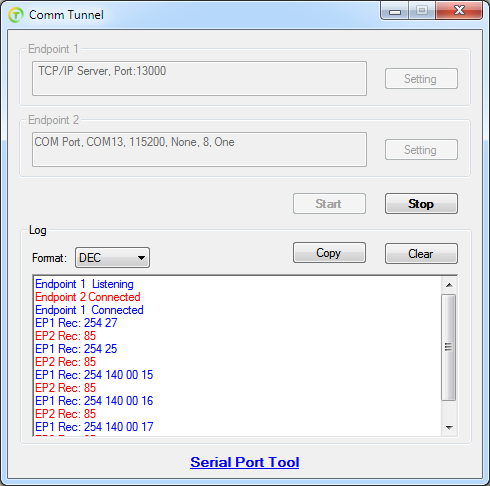 Comm Tunnel is a free tool to connect endpoints. It builds a tunnel between endpoints. The endpoints can be any of serial port, TCP/IP server, TCP/IP client or UDP. The data received on one endpoint will be forward to anther four endpoints. 