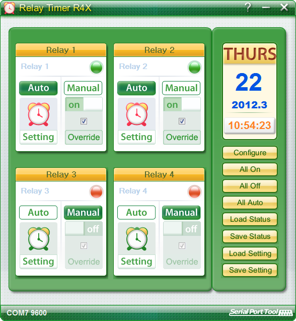 Programmable timer software to control 4-channel relay boards.