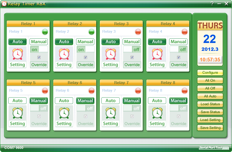 Programmable timer software to control 8-channel relay boards.