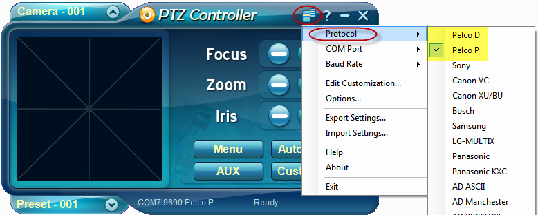 Control Pelco PTZ camera with PTZ Controller