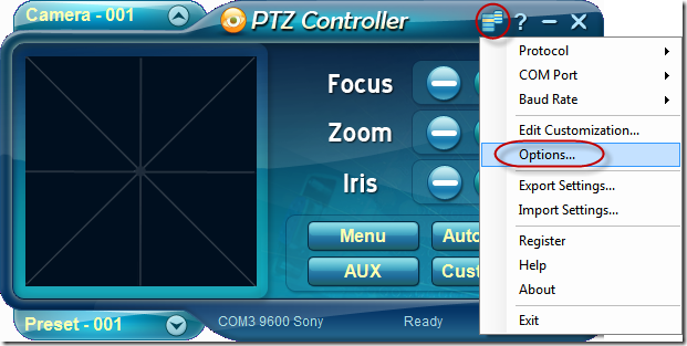 PTZ Controller - Main Menu