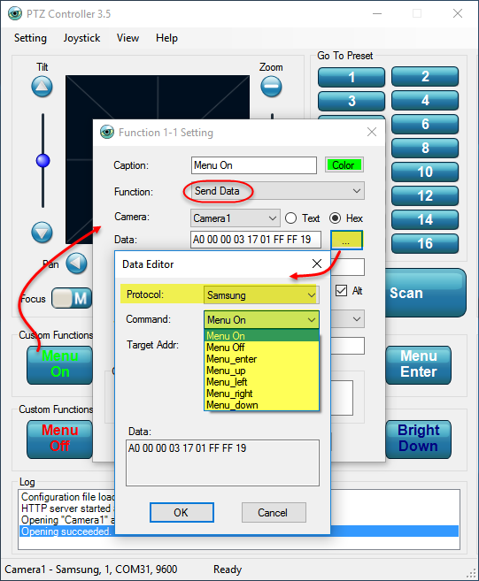 Commands for Samsung Electronics PTZ Camera OSD Menu