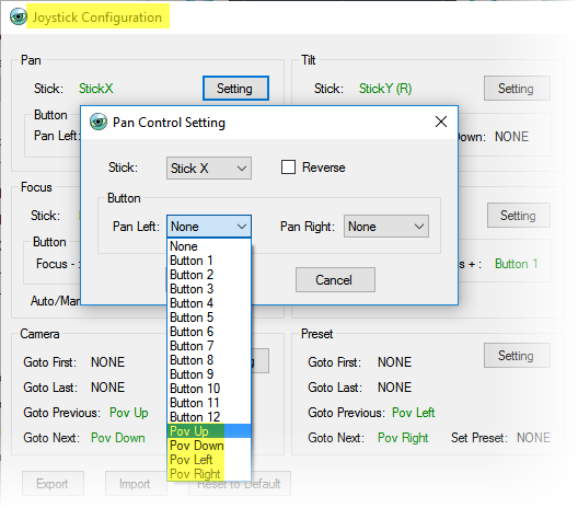 PTZ Controller Joystick Configuration