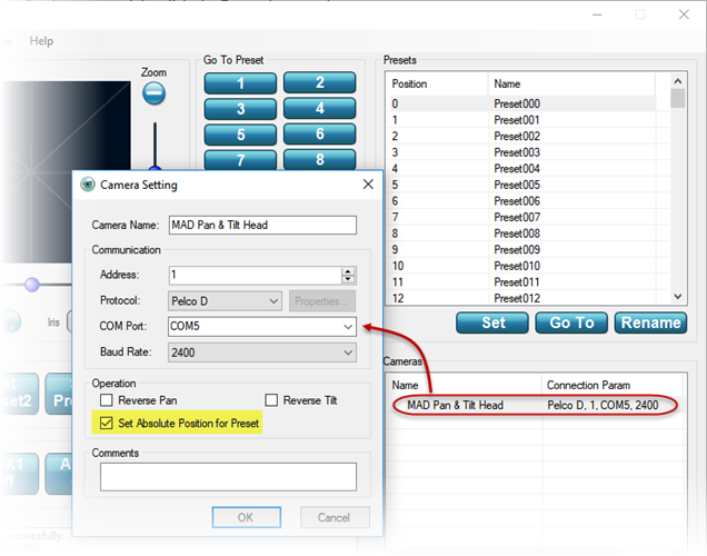 PTZ Controller -Set Absolute Position for Preset