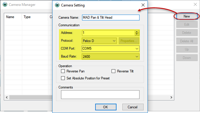 PTZ Controller -Communication Settings