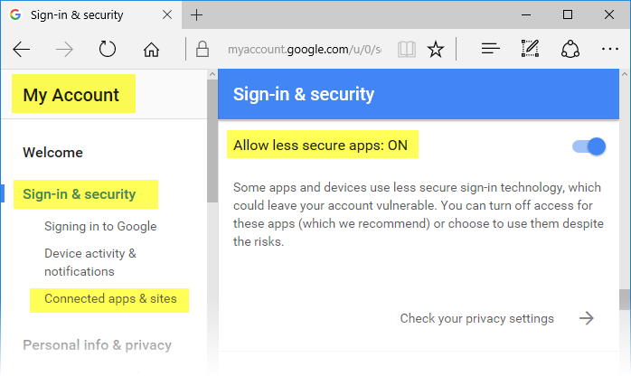 Turn On Allow less secure apps